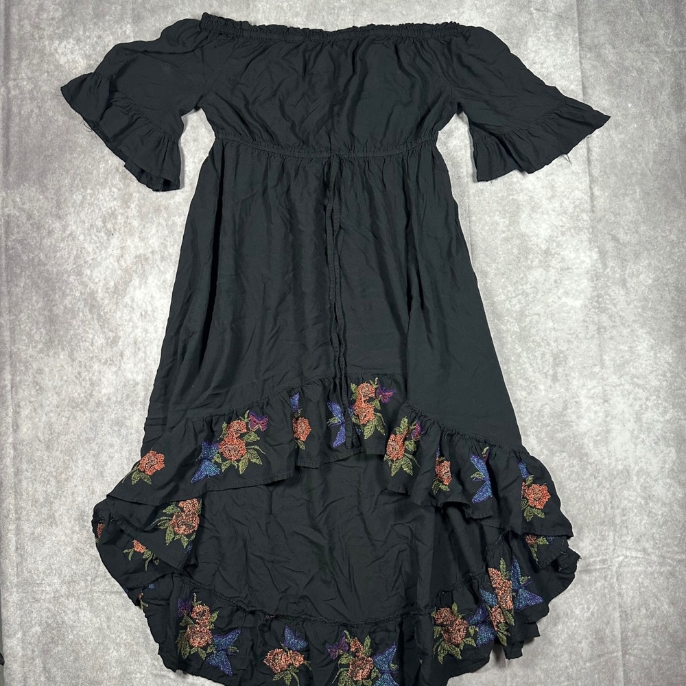 Feathers Women Large Black Embroidered Butterfly Boho Cottage Fairy Dress Hi-Low